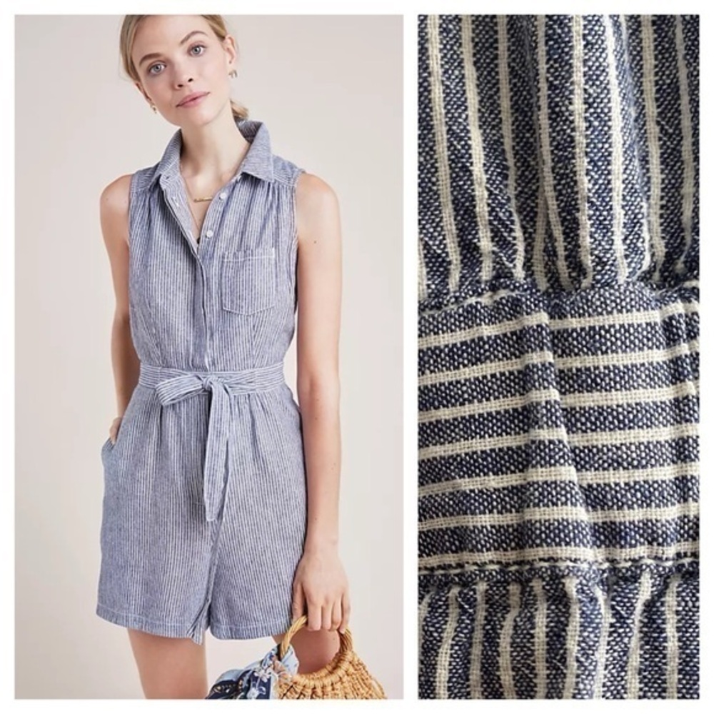 Anthropologie Blue Pin Striped Linen Blend Shorts Romper